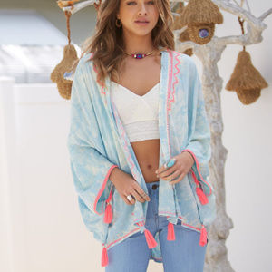 🆕️ Skemo Printed Tassel Sleeve Mirror Trim Kimono